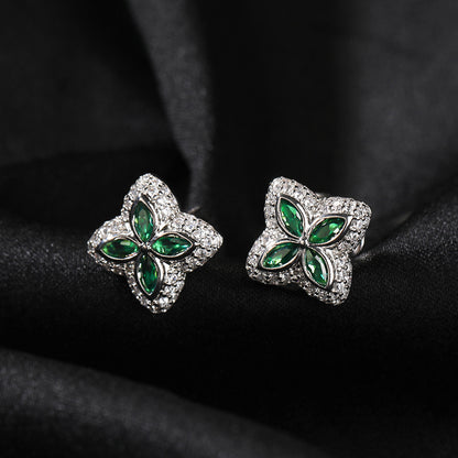 EARRINGS TS ICED OUT FOUR LEAF CLOVER EMERALD STUDS