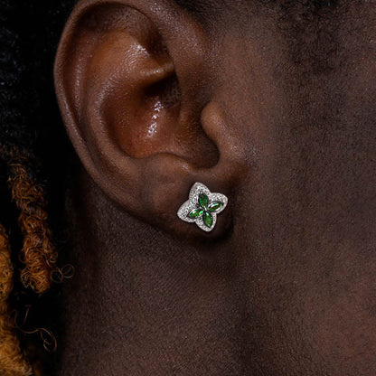 EARRINGS TS ICED OUT FOUR LEAF CLOVER EMERALD STUDS