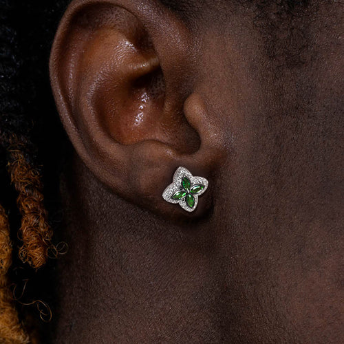 EARRINGS TS ICED OUT FOUR LEAF CLOVER EMERALD STUDS
