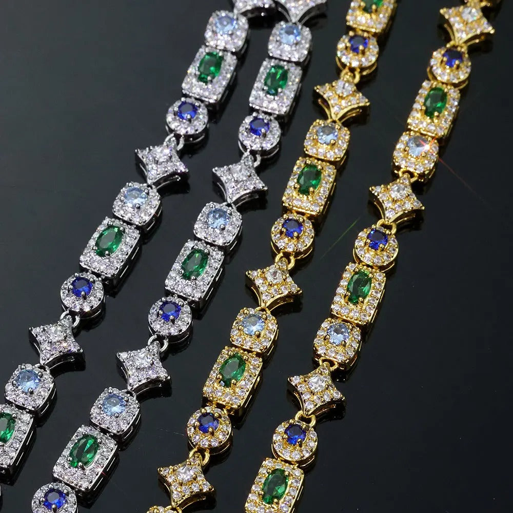 TENNIS BRACELET GREEN &amp; BLUE ICED 6MM 18K GOLD PLATED &amp; SILVER – ICED