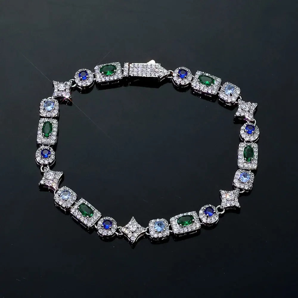 TENNIS BRACELET GREEN & BLUE ICED 6MM 18K GOLD PLATED & SILVER – ICED